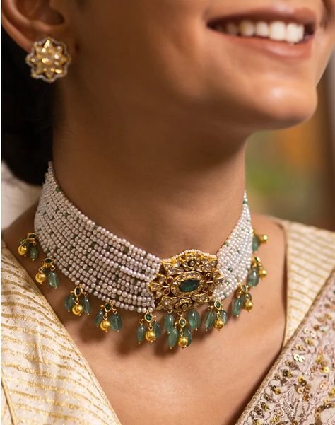 VeroniQ Trends-Elegant Fresh Water Pearls Choker Necklace in 92.5 Silver And Kundan-Green Beads-South Indian-Wedding-USA-Dubai-Earrings by VeroniQTrends on Etsy Jadau Choker, Unique Wedding Jewelry, Multi Gemstone Necklace, Choker Necklace Designs, Kundan Choker, Polki Necklace, Kundan Necklace, Polki Jewellery, Indian Wedding Jewelry