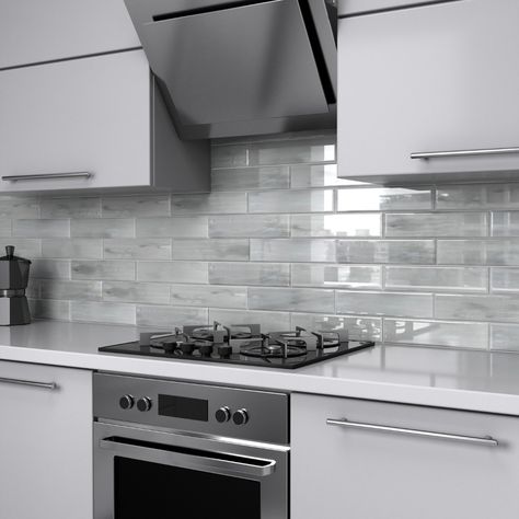 Chip Size: 3" x 12" Material: Glass Actual Size: 3" x 12" Thickness: 8mm Color: Gray, White Glass Subway Tile Backsplash, Backsplash For White Cabinets, Gray And White Kitchen, White Kitchen Remodeling, Diy Kitchen Renovation, Kitchen Backsplash Designs, Glass Tile Backsplash, Backsplash Designs, Allen Roth