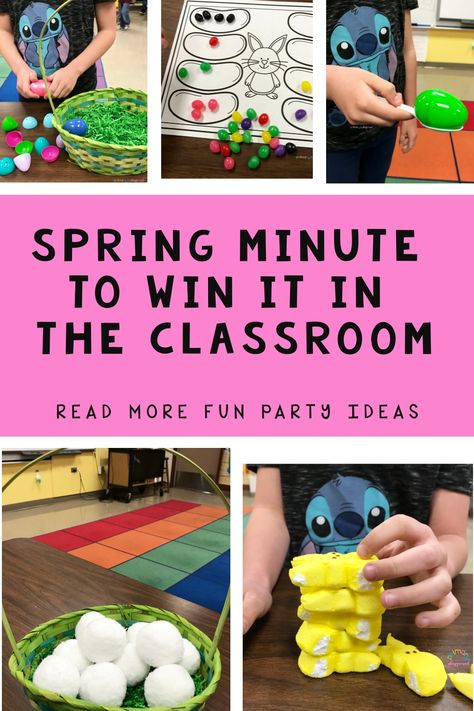 We love playing Spring Minute To Win It In The Classroom. Here are 5 of our favorite Spring Minute to Win It games including free printable for you!  #springminutetowinit #kindergarten #primarygrades Spring Minute To Win It Games For Kids, Spring Minute To Win It Games, Spring Party Games, Class Party Activities, Classroom Holiday Party, Classroom Party Games, Spring Games, Minute To Win, Minute To Win It Games