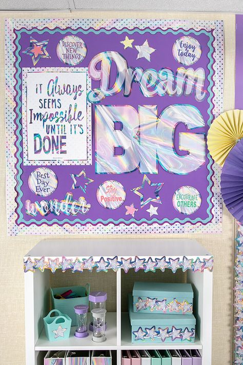 Holographic Classroom Decor, Iridescent Classroom Decor, Purple Bulletin Board Ideas, Purple Classroom Theme, Purple Classroom Decor, Frozen Classroom, Purple Classroom, Magical Classroom, Space Theme Classroom