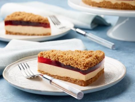 Get No-Bake PB&J Sandwich Cheesecake Recipe from Food Network Cheesecake Sandwich, Icebox Cakes, Strawberry Jelly, Peanut Butter Cheesecake, Peanut Butter Jelly, Cookie Crust, Save Room, Bake Desserts, No Bake Cheesecake