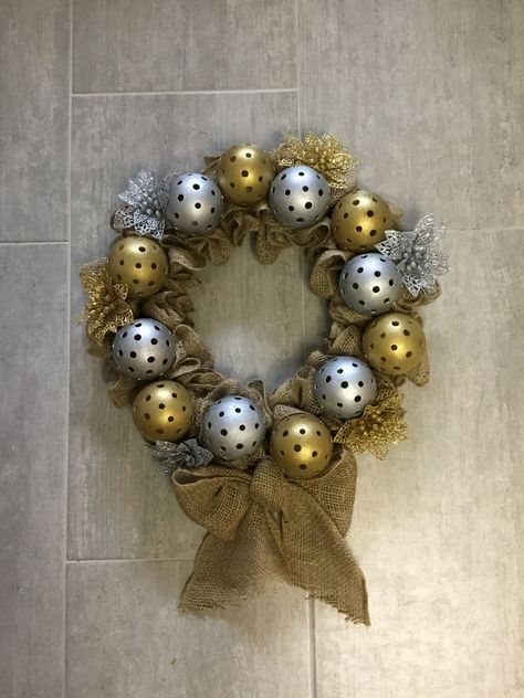 Pickleball Christmas Wreath, Pickleball Wreath, Pickleball Christmas, Xmas Balls, Pickle Ball, Work Party, Center Pieces, Christmas Deco, Pickleball