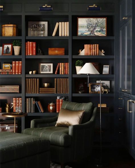 dark walls and bookcase Vintage Masculine Office, Rachel Halvorson, Squirrel Cake, Moody Room, Masculine Home Office, Office Refresh, Basement Flat, Library Project, Office Aesthetic