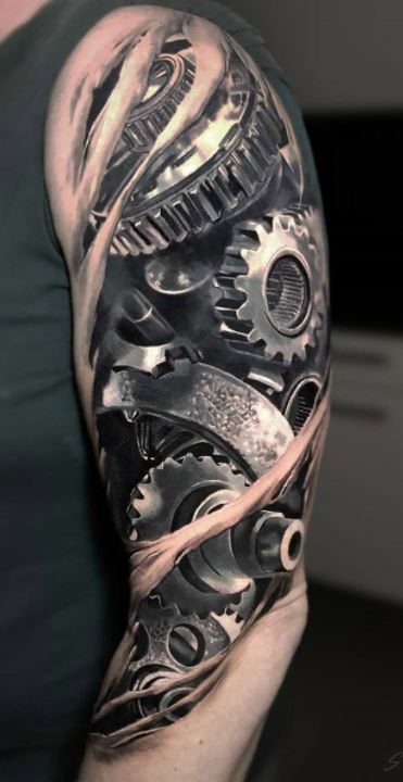 65 Unique Biomechanical Tattoos, Designs & Ideas - Tattoo Me Now Biomechanical Tattoo Arm, Mechanical Arm Tattoo, Tattoos Polynesian, Biomech Tattoo, Biomechanical Tattoo Design, Herren Hand Tattoos, Tatoo 3d, Nikko Hurtado, Gear Tattoo