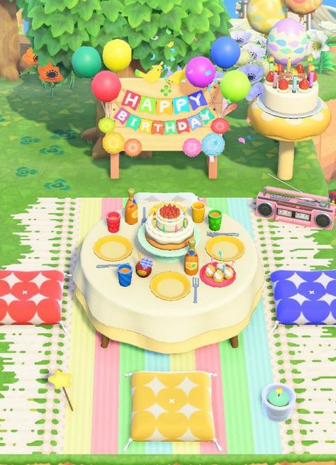 Acnh Birthday Designs, Animal Crossing Build Ideas Kidcore, Acnh Party Ideas, Acnh Island Designs Kidcore, Kidcore Animal Crossing Codes Clothes, Kidcore Animal Crossing Ideas, Animal Crossing Amusement Park Ideas, Kidcore Animal Crossing Island, Acnh Colorful Island