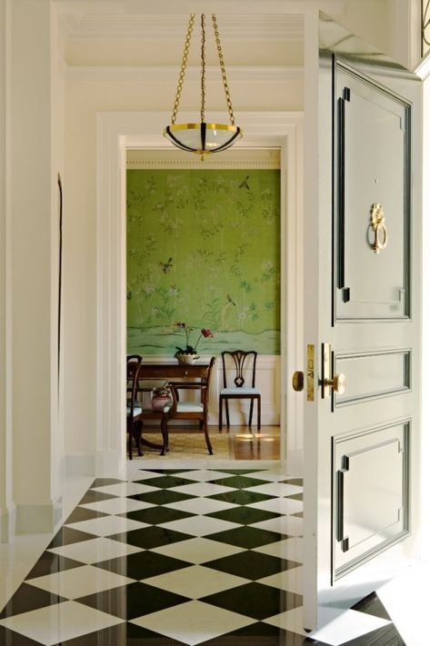 green walpaper dining and entry Black And White Checkered Floor, Large White Tiles, Checkered Flooring, Checkered Floor, Checkerboard Floor, White Marble Floor, White Tile Floor, Black And White Tiles, Green Walls