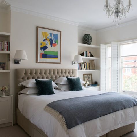 Neutral bedroom with bright art work Chimney Breast Shelving, Small Bedroom Storage Ideas, Bedroom Chimney Breast, Victorian Family Home, Bedroom Storage Ideas, Small Guest Rooms, Small Bedroom Remodel, Small Bedroom Storage, Victorian Terrace House