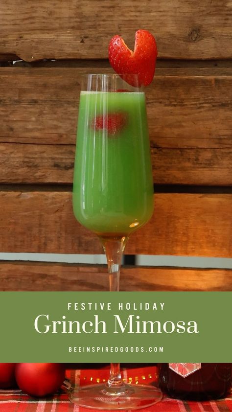 Holiday Recipes Part 2 | Grinch Mimosa🍾💚⁠ ⁠ The festive Grinch Mimosa is made up of three simple main ingredients: orange juice, blue curaçao, and champagne! We, of course, added a little honey too. This cocktail is perfect for any holiday brunch or party, and we of course had to garnish it with a strawberry heart!🍓🍯⁠ Grinch Mimosa Recipe, Grinch Mimosa, Fun Holiday Cocktails, Best Mimosa Recipe, Strawberry Heart, Mimosa Recipe, Strawberry Wine, Holiday Brunch, Green Drinks