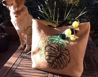 Summer tote bag Shoppers tote bag hand embroidered handmade | Etsy Shoppers Bag, Jute Bags Design, Canvas Bag Design, Jute Tote Bags, Summer Tote Bags, Painted Bags, Jute Bag, Monstera Leaves, Embroidery Bags