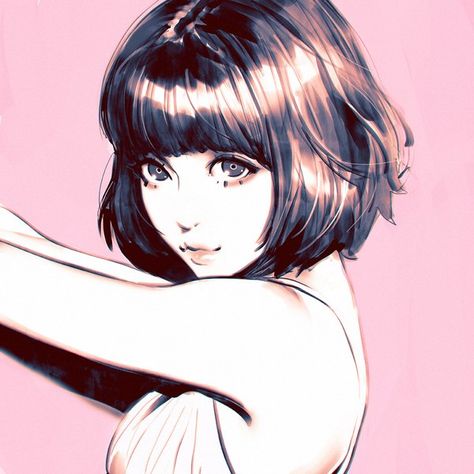 Anime picture 1080x1080 with original kr0npr1nz single short hair looking at viewer black hair breasts smile simple background fringe bare shoulders black eyes shadow eyelashes outstretched arm sleeveless portrait lipstick head tilt pink Kuvshinov Ilya, 얼굴 드로잉, 얼굴 그리기, Pencil Portrait, Portrait Illustration, Art Anime, Girl Drawing, Manga Girl, Portrait Drawing