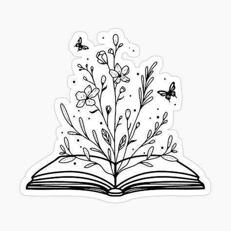 Book Opening Flowers Butterfly Garden Cute Fancy Outline by Laymark Design | Redbubble Flowers Coming Out Of Book Drawing, Literature Tumblr, Open Book Tattoo, Coffee Cup Tattoo, Book Opening, Flower Tattoo Stencils, Realistic Flower Tattoo, Inspo Tattoo, Butterfly Hand Tattoo