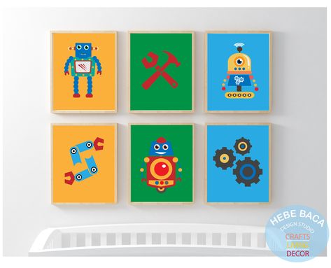 Wall Art- Robot Bedroom Wall decor - Robot Prints - Robot Nursery- Futuristic Wall Art by HebeBacaDesignStudio on Etsy Changing Table Closet, Modern Minimalist Nursery, Robot Bedroom, Robot Nursery, Creative Nursery, Baby Room Decor Ideas, Robot Print, Nursery Decor Prints, Minimalist Nursery