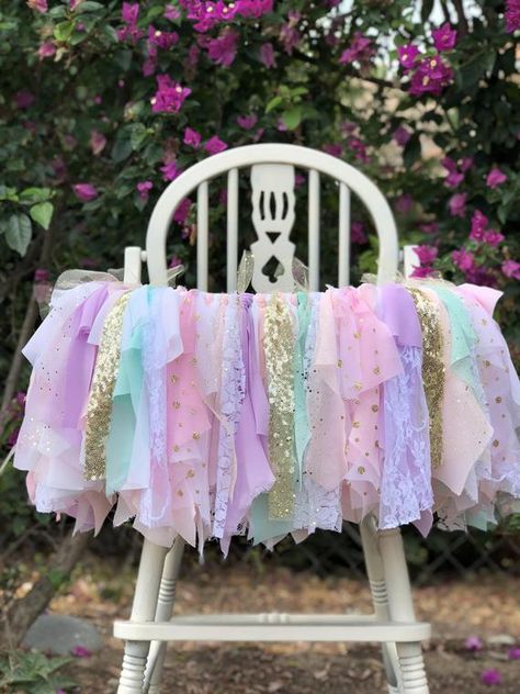 Beautiful premium highchair banner chalk full of beautiful fabrics! Unicorn high chair banner made with white lace, pink and white chiffon, bubble gum pink fabric, lavender fabric, lavender tulle, mint fabric, and gold sequin strips come together to create this beautiful high chair banner! Use for Birthday Banner Diy, Highchair Tutu, High Chair Decorations, Diy Chair Covers, High Chair Tutu, Diy Birthday Banner, Pastel Birthday, Highchair Banner, 1st Birthday Banners