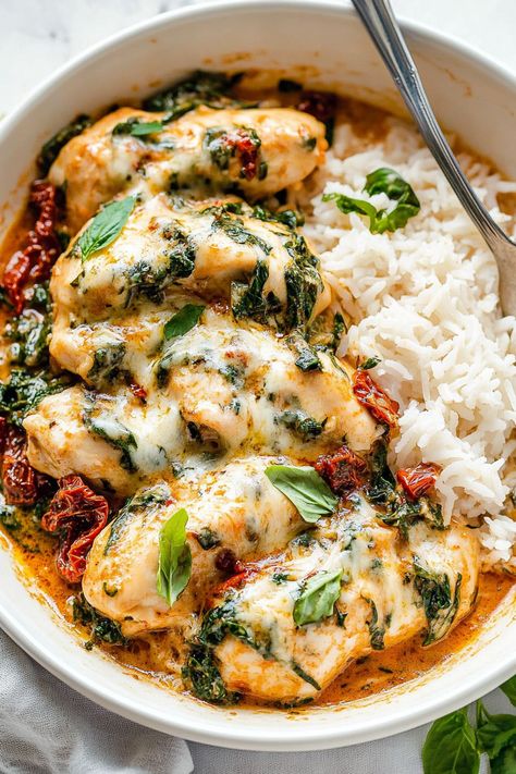 Dump Tuscan Chicken, Tuscan Chicken With Orzo, Chicken Cream Cheese Spinach, Tucson Chicken, Tuscan Chicken Casserole, Healthy Tuscan Chicken, Easy Tuscan Chicken, Baked Tuscan Chicken, Baked Chicken Casserole