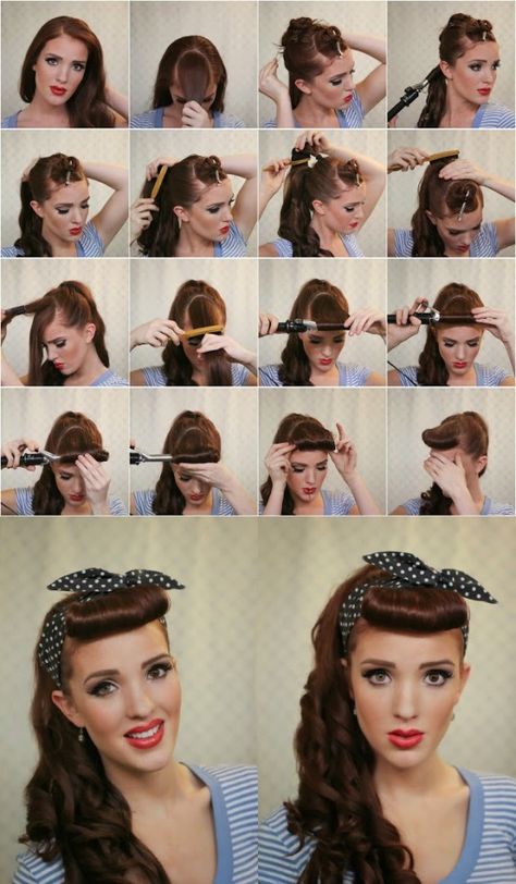 Easy 1950s Hairstyles, 1950s Hairstyles For Long Hair, Cabelo Pin Up, Easy Vintage Hairstyles, Retro Hairstyles Tutorial, Vintage Hairstyles Tutorial, 1950s Hairstyles, 50s Hairstyles, Rockabilly Hair