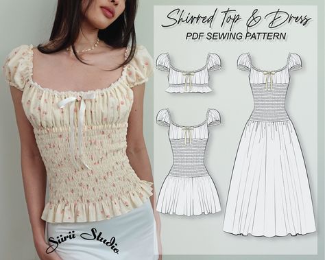 Shirred Top & Dress Sewing Pattern PDF | Instant Download | Print at Home | Sizes 00-18 Top Pattern Sewing, Shirred Top, Sewing Projects Clothes, Couture Mode, Top Sewing Pattern, Sewing Design, Diy Sewing Clothes, Clothes Sewing Patterns, Fashion Sewing Pattern