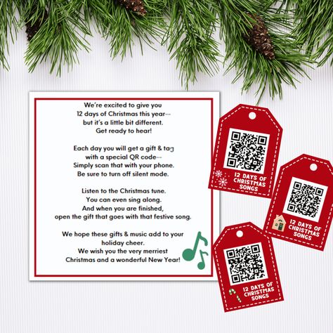 Easy 12 Days of Christmas for kids and families and anyone who loves Christmas songs. Printable tags with QR codes and coordinating gift idea 12 Days Of Christmas Qr Codes, 12 Days Of Christmas Song, Christmas Tunes, Christmas Poems, Free Gift Tags, Tags Printable, Christmas Songs, 2023 Christmas, Simple Holidays