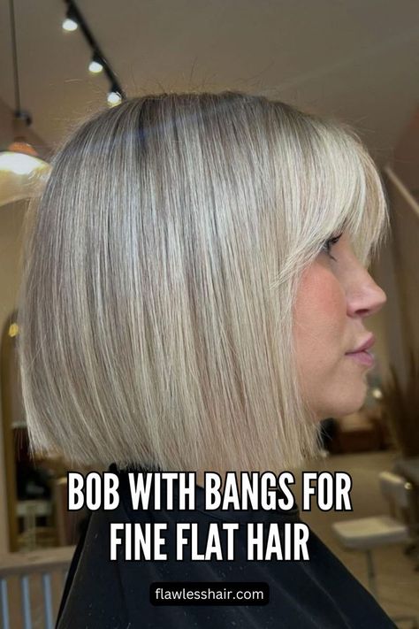 Bob With Bangs For Fine Flat Hair Layered Bob Fine Hair, Medium Bob With Bangs, Bang Haircut Ideas, Bang Haircut, Short Textured Bob, Fine Hair Bangs, Pageboy Haircut, Bobs With Bangs, Short Hairstyles For Fine Hair