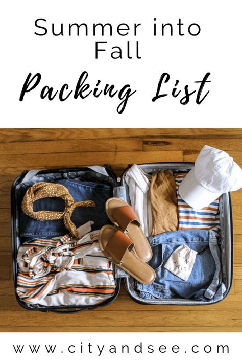 Summer into fall packing list - what to pack for the weather transition Late Summer Packing List, Asheville Packing List Fall, Fall Weekend Packing, Weekend Packing List Summer, Boston Packing List, Fall Travel Packing, Lake Vacation Outfits, Fall Beach Outfits, Beach Trip Packing List