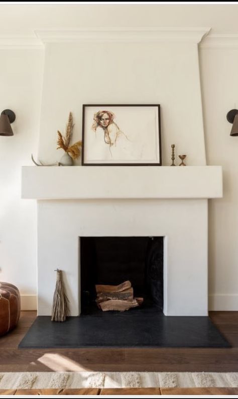 Spanish House Fireplace, Stucco Gas Fireplace, Fireplace Makeover Plaster, Plaster Fireplace With Hearth, Floating Hearth Fireplace, Danish Fireplace, Fake Mantle Ideas, Spanish Fireplace Ideas, Organic Fireplace