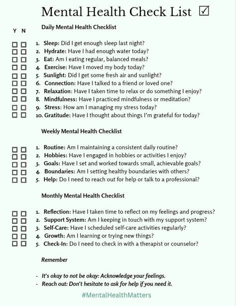 Benefits of a Mental Health Checklist Things To Do Daily Weekly Monthly, Daily Mental Check In, Daily Routine Schedule Mental Health, Healing Checklist, Daily Check In, Daily Health Checklist, Mental Health Check In, Daily Routine Checklist, Mental Health Goals