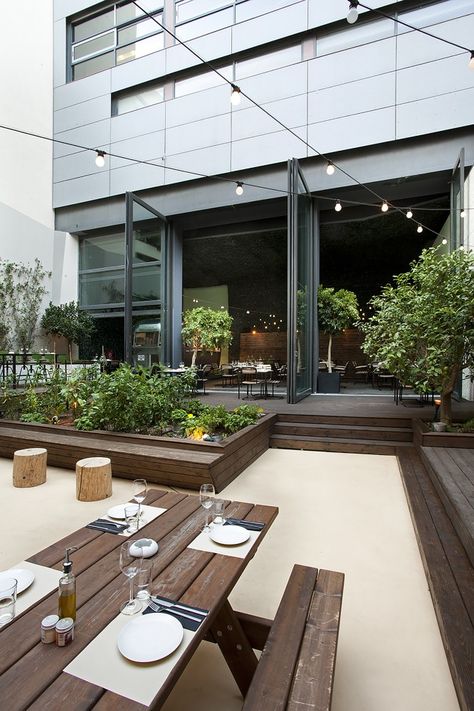 Indoor/outdoor eating area and multi-purpose space, 48 Urban Garden / AK-A Museum Restaurant, Outdoor Eating Area, Gravel Patio, Garden Restaurant, Garden Picnic, Outdoor Eating, Garden Cafe, Outdoor Restaurant, Olive Garden