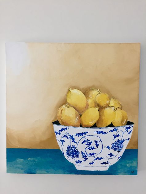 Bowl Of Lemons Painting, Lemons Painting, Blue And White Bowl, Baba Nyonya, Lemon Painting, Art Bowls, White Bowl, Chinese Vase, Blue Bowl