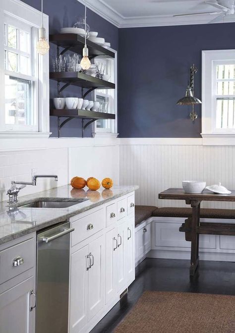 TerraCotta Properties - kitchens - navy blue, walls, chair rail, beadboard, built-in, storage, banquette, trestle, dining table, chunky, shelves, iron, brackets, white, kitchen cabinets, marble, countertops, beadboard backsplash, beadboard kitchen, kitchen beadboard, white beadboard, white beadboard backsplash, beadboard kitchen walls, Kitchen With Blue Walls, Beadboard Kitchen Walls, Navy Kitchen Walls, Kitchen Beadboard, Beadboard Kitchen, Blue Kitchen Walls, Blue Kitchen Designs, White Beadboard, Kitchen Big