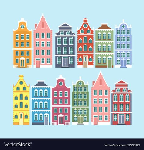 Dutch Houses Illustration, Scandinavian Houses Exterior, Light Blue Color Background, Netherlands Illustration, Exterior Illustration, Nordic Houses, Blue Color Background, Dutch Houses, Cute Houses