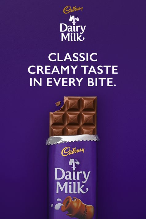 Cadbury Dairy Milk. The classic creamy taste you can count on. Cadbury Dairy Milk Advertisement, Dairy Milk Advertisement, Chocolate Poster Design, Chocolate Ads, Cadbury Chocolate Bars, Cadbury Dairy Milk Chocolate, Fly Quotes, Chinese Bbq Pork, Supergirl Cosplay