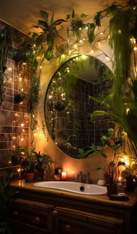 Earthy Rooms Aesthetic, Earthy Boho Room Aesthetic, Earthy Aesthetic Bathroom, Planty Bathroom Ideas, Forest Bathrooms, Boho Aesthetic Bathroom, Hobo Bathroom Ideas, Planted Bathroom, Eclectic Modern Bathroom