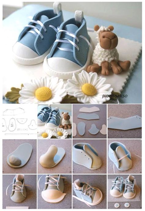 Shoe Torturi Baby Shower, Kue Fondant, Fondant Baby Shoes, Idee Babyshower, Shoe Cake, Fondant Baby, Fondant Animals, Fondant Cake Toppers, Fondant Tutorial