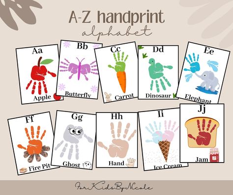 A-Z Handprint Alphabet, Printable Craft, My Handprint Book Classroom, Handprint ABC Activity, Alphabet Handprint Book // ETSY LINK 🔗 Handprint Alphabet Book, Handprint Alphabet, Abc Activity, Daycare Themes, Homeschool Preschool Curriculum, Baby Art Projects, Daycare Teacher, Abc Activities, Alphabet Crafts