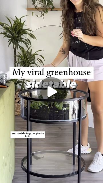 Chantel Gray | 🪴 Plants + DIY on Instagram: "Comment “side table” and I can DM you where to find everything I used here!! Also linked in profile under “greenhouse table”  Here are some FAQ from my original video for creating this table!  Q: Do you have to remove the top lid to provide airflow? A: Not at all! There are holes along the outsides of the table that allow airflow to enter! Because of this, it’s not perfectly airtight which will allow fresh air and movement.  Q: How often does the table need to be misted? A: I created this table a few weeks ago, and have not needed to mist it yet! I’m guessing about once a month. When the stratum is damp, it’s black and glossy (almost gives caviar vibes) it doesn’t need any attention. When it’s dry it’s grayish and dusty (that’s when I’ll mist i Plant Side Table, Glass Table Plants, Terrarium Side Table, Diy Terrarium Table, Terrarium Coffee Table, Greenhouse Tables, Terrarium Table, Self Sustaining, Window Table