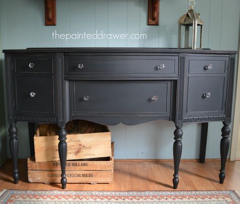 This week's paint color highlight is General Finishes Lamp Black milk paint. A gorgeous deep hue that takes any piece from drab to fab! A few before and after projects show the transformation! Black Painted Furniture, Black Buffet, General Finishes Milk Paint, Painted Sideboard, Painted Drawers, General Finishes, Black Sideboard, Furniture Rehab, Vintage Sideboard