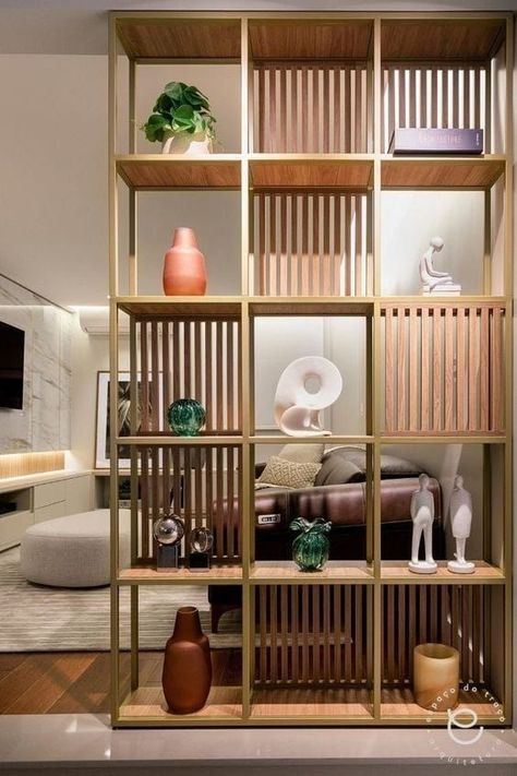 Room Separator Shelves, Partition Furniture Design, Partition Design Living Rooms, Wooden Separator, Wooden Partition Design, Living Room Separator Ideas, Room Divider Shelves, Living Room Divider, Shelf Decor Living Room