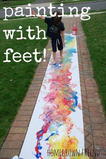 Painting with feet is a fantastic way to explore art, the sense of touch and gross motor development. Love this project from Homegrown Frien... #Summer, Summer Fun, Summer Ideas Messy Art, Toddler Fun, Summer Activities For Kids, Camping Art, Preschool Art, Summer Crafts, Toddler Crafts, Art Activities, Garden Styles