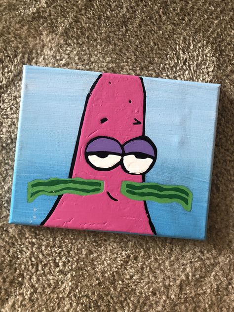 Patrick Star Seaweed Mustache Patrick Star Painting Canvas, Patrick Star Painting Canvas Easy, Patrick Star Traffic Cone Painting, Patrick Painting On Canvas, Funny Painting Ideas On Canvas Easy, Patrick Star Painting, Funny Paintings Easy, Funny Painting Idea, Patrick Painting