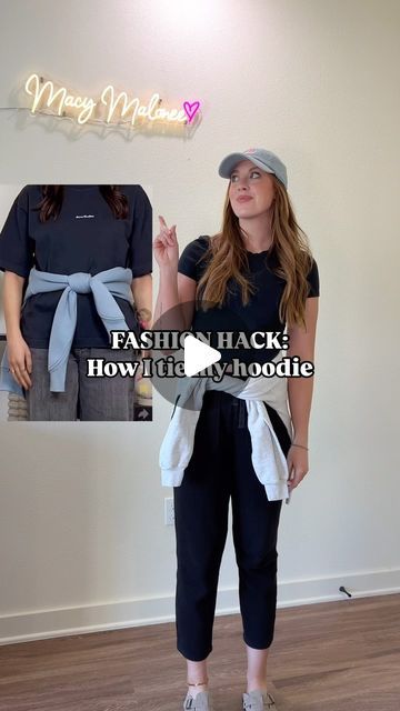 Macy McCoy | Tall fashion + Elevated casual outfits on Instagram: "the only way to properly tie your hoodie around your waist😘

#stylehacks #stylehack #fashionhacks #waystowear #stylehack #fallfashiontrends 

Are you going to try this hack?" Shirt Around Waist Outfit, How To Tie Up Baggy Shirts, Plaid Shirt Tied Around Waist Outfits, Button Down Shirt Tie Hack, Tying Oversized Shirt, How To Tuck Shirt Into Belt Loop, Shirt Around Waist, Best Casual Outfits, Tall Fashion