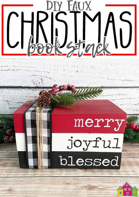 DIY Faux Christmas Book Stack - Burton Avenue Block Christmas Decorations, Diy Holiday Wood Crafts, Wood Book Decor, Book Stack Diy, Diy Christmas Blocks, Block Christmas Crafts, Diy Faux Books, Book Stack Decor Diy, Stacked Wooden Books Diy