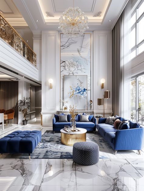 52 Elegant Blue and White Living Room Design and Decor Ideas – CreativeBooster Black White Blue Interior Design, Sitting Room Ideas Aesthetic, Navy Blue And White Living Room, Penthouse Aesthetic, Elegant Living Room Furniture, Future Board, Glam Living Room Decor, Blue And White Living Room, Contemporary Decor Living Room