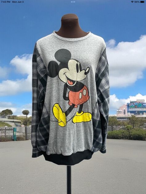 New! Mickey Mouse Upcycled T-Shirt / Flannel Oversized Sweatshirt Style Top was just added to eBay. Check it out! https://clancysupcycledcouture.com/products/Upcycled-Vintage-Mickey-Mouse-T-Shirt-with-Flannel-Sleeves #mickeymouse #upcycled #vintage #onlineshopping #streetwear #onlineshopping #festivalfashion #disney #disneyland #disneyworld #ladiesfashion #sustainable Upcycle Flannel Shirt, Mens Flannel Shirt Refashion, Upcycled Linens, Sweatshirt Refashion Remake, Flannel Upcycle, Upcycled Sweatshirt, How To Upcycle Clothes, Flannel Shirt Refashion, Upcycled Tshirt