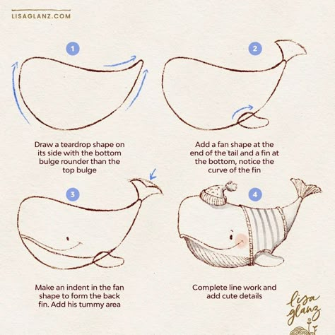 How to draw a cute whale! I decided to dress him in a cute jersey, but you could add a little boat on his head, or maybe a different hat. Have fun trying different things! . #howtodraw #learntodraw #easydrawingtutorial #howtodrawcute Draw A Whale, Cute Whales Drawing, Tutorials Art, How To Draw Illustrations, Whale Cute, Drawing Whale, Whales Drawing Simple, Cute Whale Drawing, How To Draw A Whale