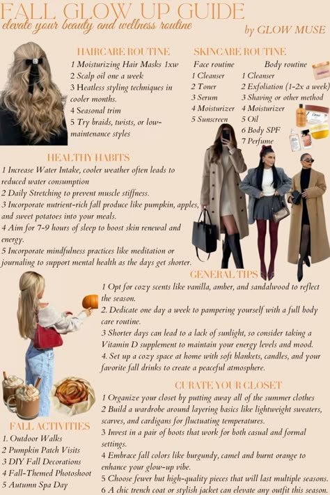 🌟 Follow @GlowMuseJourney for daily beauty tips and fall-inspired routines! 🌟 💖 Like this post if you’re excited to embrace autumn and glow up from the inside out! 💖  The crisp air, cozy vibes, and the magic of fall make it the perfect time to give your beauty and wellness routine a seasonal upgrade. Here’s your ultimate Fall Glow Up Guide to help you feel and look your best this season!   Let’s make this season your most beautiful one yet, inside and out. 🍂✨  #fallglowup #autumnbeauty #selfcare #seasonalwellness #fallskincare #healthyhabits #curateyourcloset #cozyvibes #fallfashion #glowup #sabrinacarpernter #falloutfitsforwomen #fallactivities How To Get Ready For Fall, Selfcare Morning Routine, November Glow Up, Ultimate Glow Up, Fall Glow Up Tips, Winter Glow Up Checklist, Autumn Glow Up Checklist, Fall Break Glow Up, Thanksgiving Break Glow Up