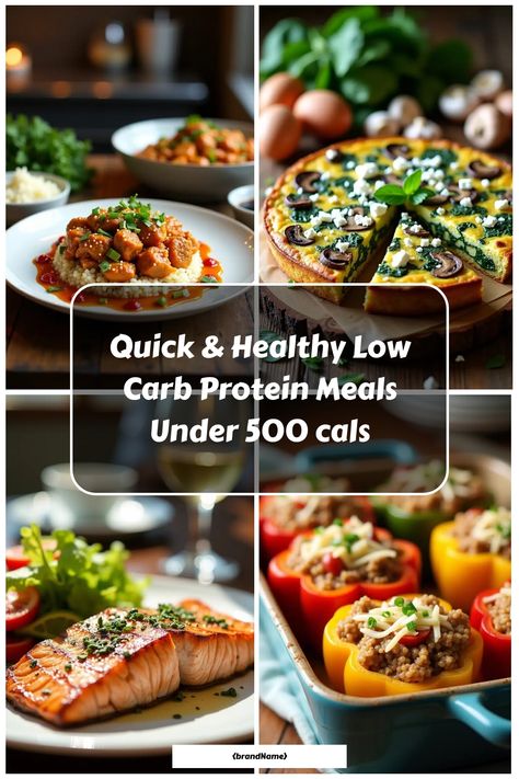 Quick and healthy low carb protein meals, including salmon, stuffed peppers, chicken with quinoa, and a veggie pizza. 1200 Calorie Meal Plan Low Carb High Protein, High Protein Lower Carb Meals, 500 Calorie Meals High Protein, 1200 Calorie High Protein Meal Plan, 1500 Calorie Meal Plan High Protein, Easy Low Calorie Dinners, Low Carb High Protein Meals, Flavorful Salads, 1500 Calorie Meal Plan