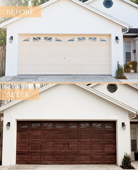 Tips for a DIY Garage Door Makeover and how to Gel Stain a Garage Door to Look Like Wood by popular lifestyle blogger Tabitha Blue of Fresh Mommy Blog: image of before pic of cream garage door and after pic of faux wood garage door. Rifacimento Garage, Door Remodel, Diy Garage Door Makeover, Faux Wood Garage Door, Garage Door Colors, Garage Door Paint, Garage Door Types, Garage Door Styles, Front Door Makeover