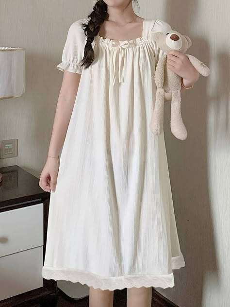 Sweet Solid Ribbed Ruffle Trim Nightgown Puff Sleeve Bow - Temu United Kingdom Princess Pijama, Cute Night Outfits, Ae Outfits, Simple Frocks, Sleepwear Fashion, Preformance Outfits, Fashion Top Outfits, Cute Lazy Outfits, Korean Fashion Dress