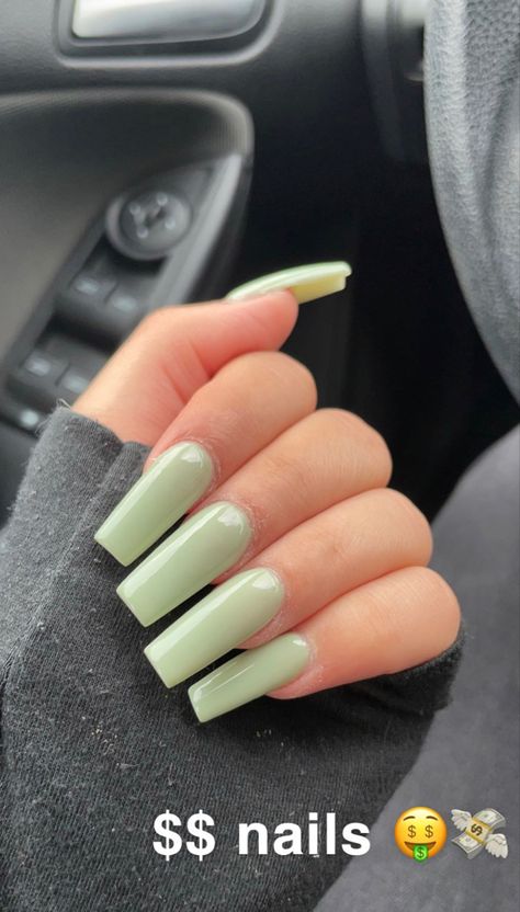 Acrylic Nails Solid Color Simple Long, Matcha Green Acrylic Nails, Nails Acrylic Summer Green, Mint Green Square Nails, Matte Mint Green Nails, Soft Green Nails Acrylic, Pale Mint Green Nails, All Green Nails, Jade Colored Nails