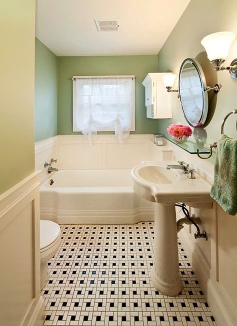 This bathroom was remodeled to match the 1930's home character. Click here to see more: http://www.powellconstruction.com/portfolio/1930-s-classic-bath Divine Paint 1930 Bathroom, Classic Bathroom Tile, 1930s Bathroom, 1930s Home Decor, Vintage Bathroom Tile, 1930s House, Art Deco Bathroom, Deco Bathroom, Retro Bathrooms