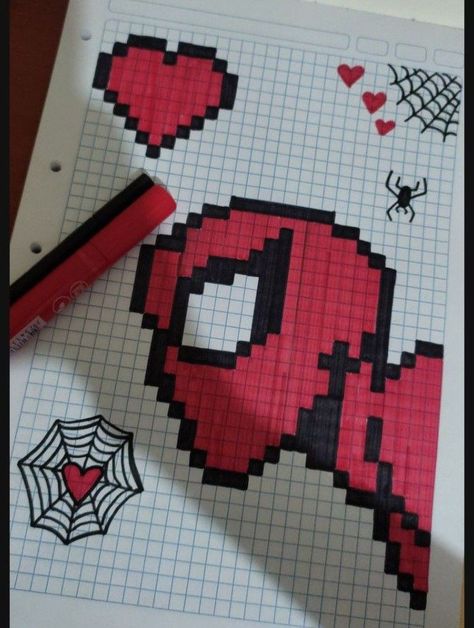 Spiderman Pixel Art, Art Spiderman, Square Drawing, Spiderman Drawing, Spiderman Art Sketch, Graph Paper Drawings, Pixel Art Tutorial, Easy Pixel Art, Easy Love Drawings